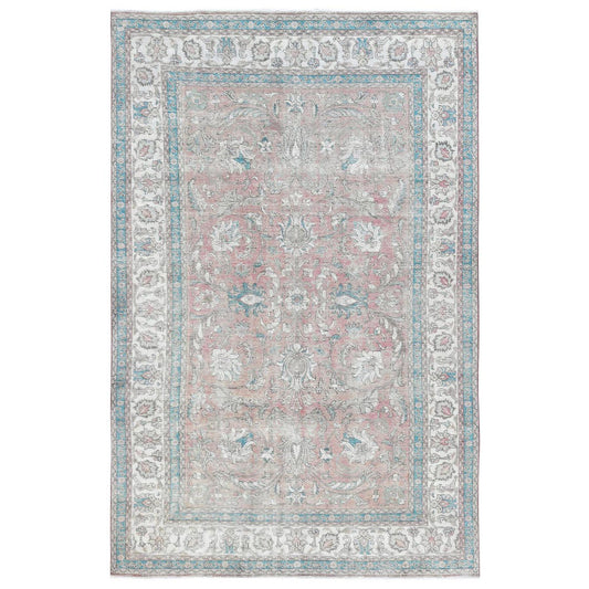 Overdyed & Vintage Worn Wool Hand Knotted Rug Red Ivory 7.0X10.8 -O081695