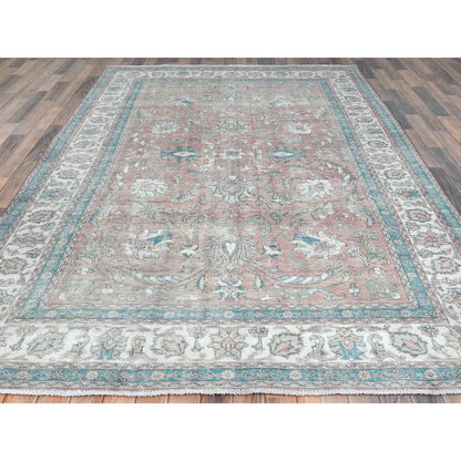 Overdyed & Vintage Worn Wool Hand Knotted Rug Red Ivory 7.0X10.8 -O081695