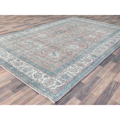 Overdyed & Vintage Worn Wool Hand Knotted Rug Red Ivory 7.0X10.8 -O081695