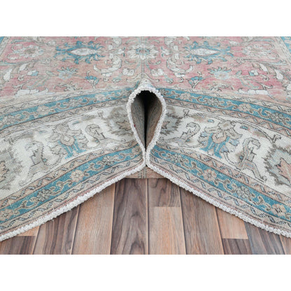Overdyed & Vintage Worn Wool Hand Knotted Rug Red Ivory 7.0X10.8 -O081695