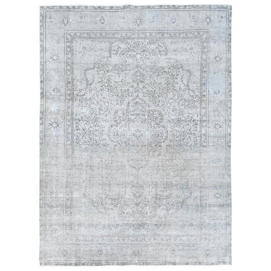 Overdyed & Vintage Worn Wool Hand Knotted Rug Ivory Ivory 8.2X11.2 -O081704