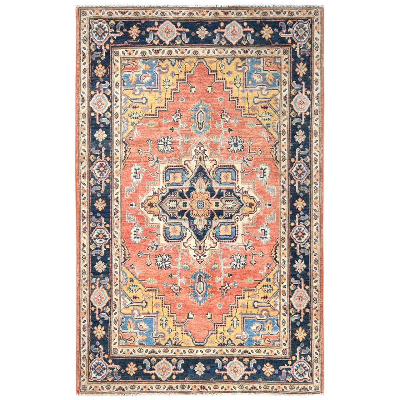 Tribal & Geometric Wool Hand Knotted Rug Orange Midnight Blue 4.0X5.10 -O081726
