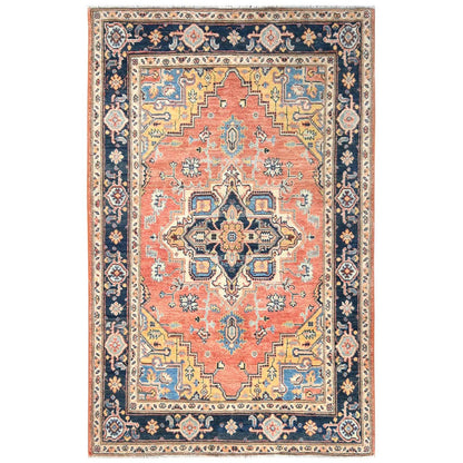 Tribal & Geometric Wool Hand Knotted Rug Orange Midnight Blue 4.0X5.10 -O081726