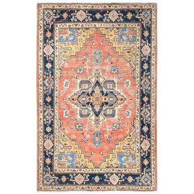 Tribal & Geometric Wool Hand Knotted Rug Orange Midnight Blue 4.0X5.10 -O081726