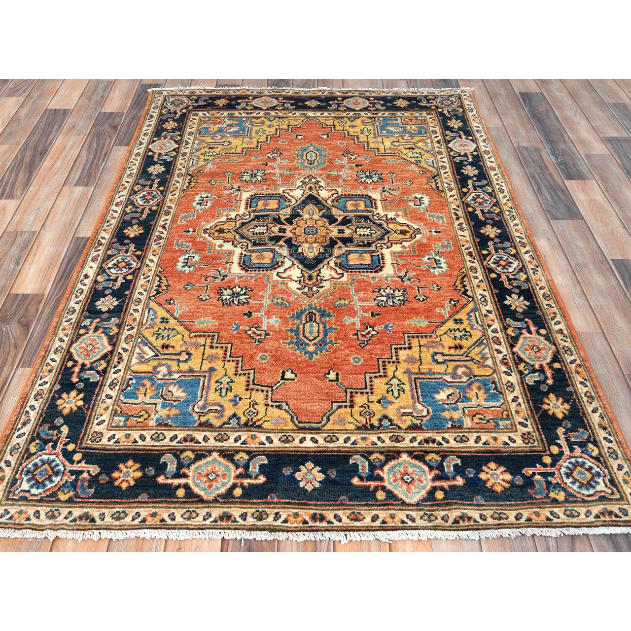 Tribal & Geometric Wool Hand Knotted Rug Orange Midnight Blue 4.0X5.10 -O081726