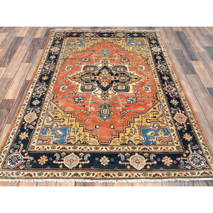 Tribal & Geometric Wool Hand Knotted Rug Orange Midnight Blue 4.0X5.10 -O081726