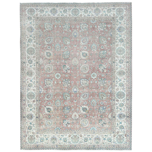 Overdyed & Vintage Worn Wool Hand Knotted Rug Red Ivory 11.1X14.7 -O081742