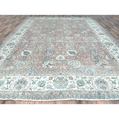 Overdyed & Vintage Worn Wool Hand Knotted Rug Red Ivory 11.1X14.7 -O081742