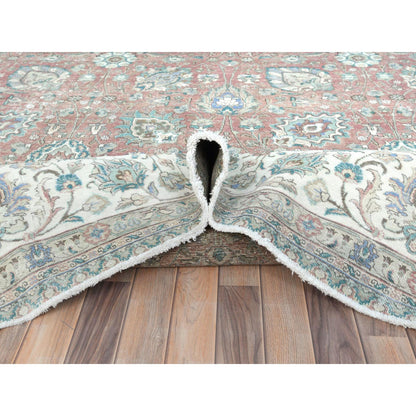 Overdyed & Vintage Worn Wool Hand Knotted Rug Red Ivory 11.1X14.7 -O081742