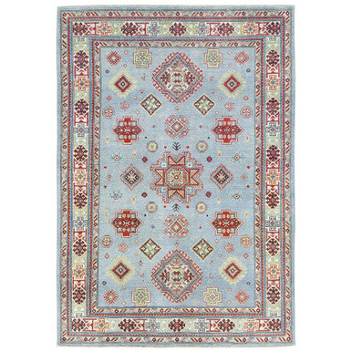 Tribal & Geometric Wool Hand Knotted Rug Blue Ivory 6.1X8.9 -O081754