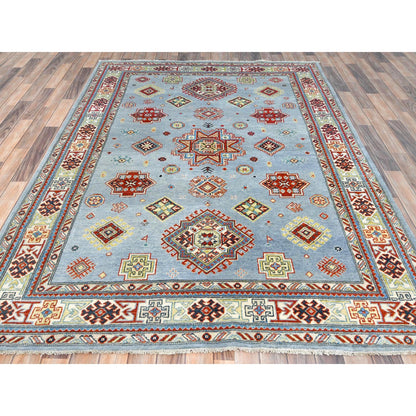 Tribal & Geometric Wool Hand Knotted Rug Blue Ivory 6.1X8.9 -O081754