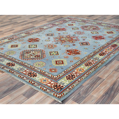 Tribal & Geometric Wool Hand Knotted Rug Blue Ivory 6.1X8.9 -O081754
