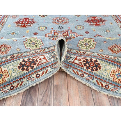 Tribal & Geometric Wool Hand Knotted Rug Blue Ivory 6.1X8.9 -O081754