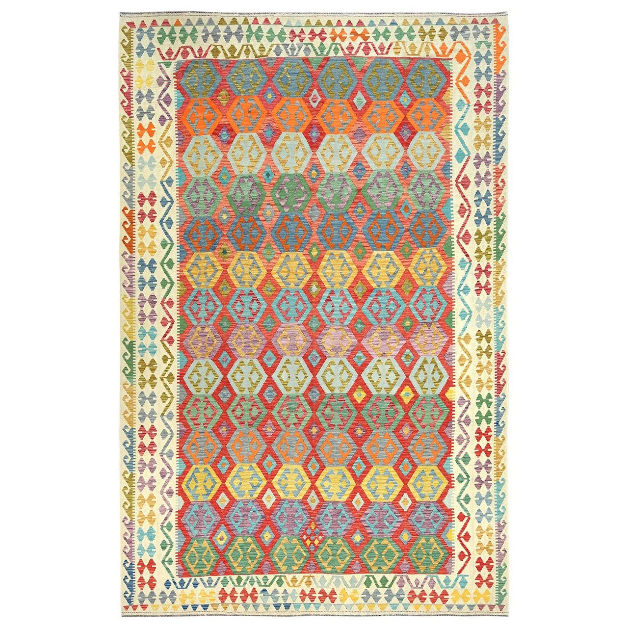 Ivory 10'0" x 16'0" Flat Weave Multicolored Hand woven Wool Rug -O081782