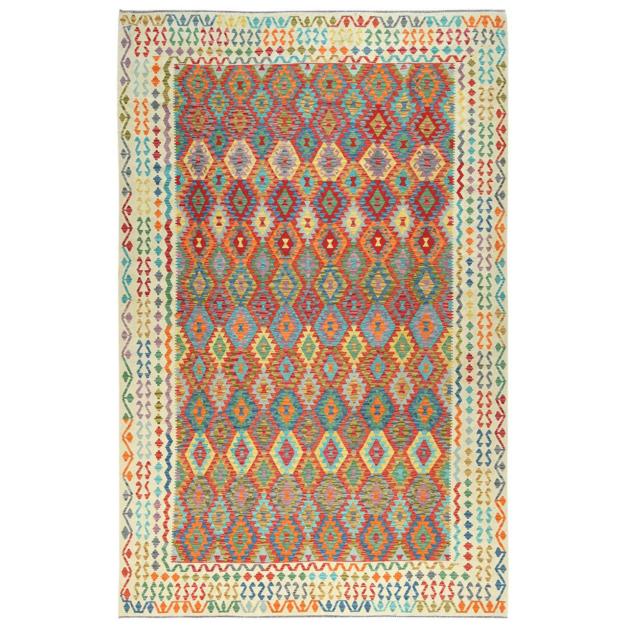 Ivory 10'3" x 16'1" Flat Weave Multicolored Hand woven Wool Rug -O081784