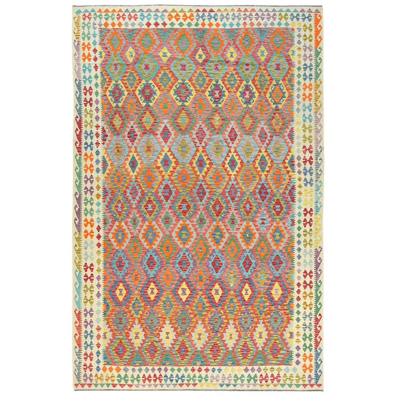 Ivory 10'4" x 16'1" Flat Weave Multicolored Hand woven Wool Rug -O081800