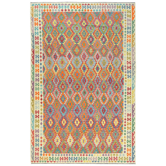 Flat Weave Wool Hand Woven Rug Multicolored Ivory 10.4X16.1 -O081800