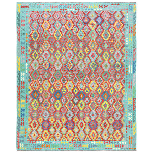 Flat Weave Wool Hand Woven Rug Multicolored Blue 13.1X16.2 -O081803
