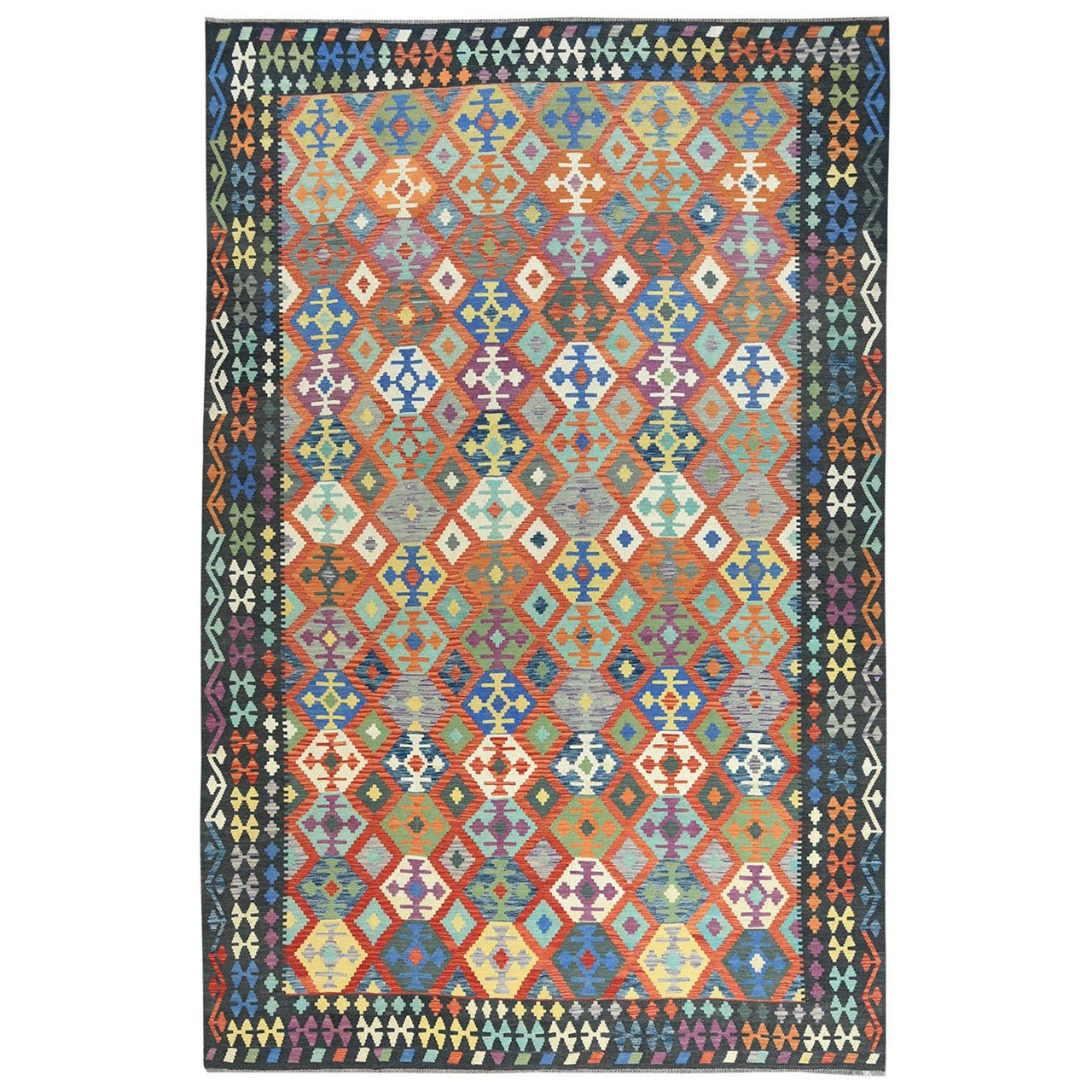 Black 10'5" x 15'10" Flat Weave Multicolored Hand woven Wool Rug -O081804