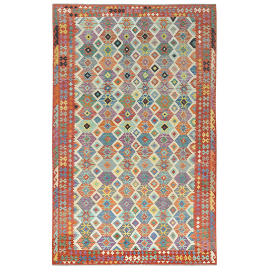 Flat Weave Wool Hand Woven Rug Multicolored Orange 10.0X16.5 -O081821