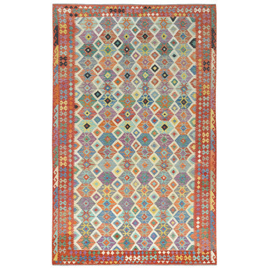 Flat Weave Wool Hand Woven Rug Multicolored Orange 10.0X16.5 -O081821