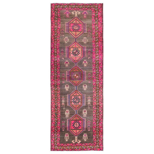 Overdyed & Vintage Wool Hand Knotted Rug Brown Brown 3.7X10.1 -O081847