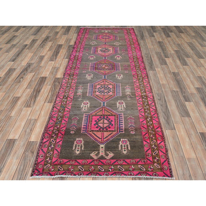 Overdyed & Vintage Wool Hand Knotted Rug Brown Brown 3.7X10.1 -O081847