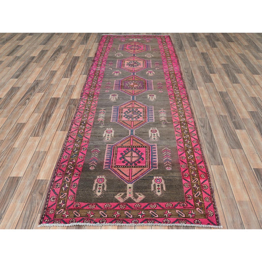 Overdyed & Vintage Wool Hand Knotted Rug Brown Brown 3.7X10.1 -O081847