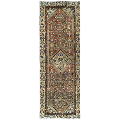 Overdyed & Vintage Wool Hand Knotted Rug Brown Ivory 3.4X10.0 -O081851