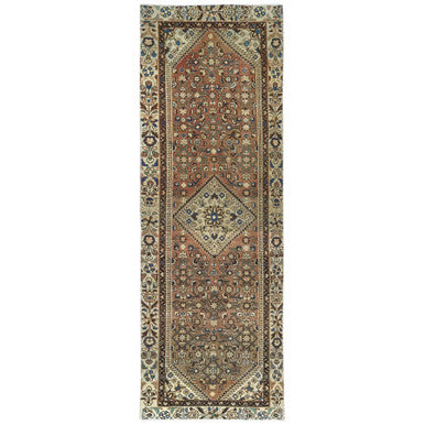 Overdyed & Vintage Wool Hand Knotted Rug Brown Ivory 3.4X10.0 -O081851
