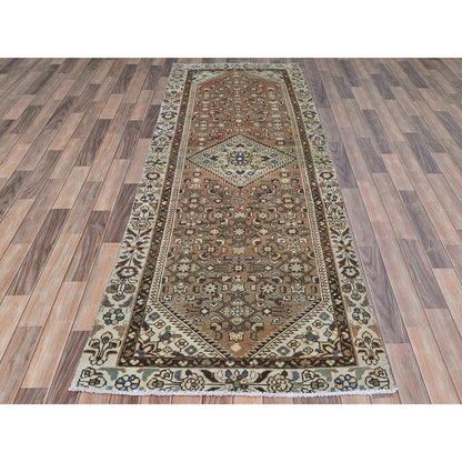 Overdyed & Vintage Wool Hand Knotted Rug Brown Ivory 3.4X10.0 -O081851