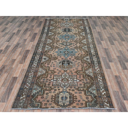 Overdyed & Vintage Wool Hand Knotted Rug Brown Ivory 4.7X12.9 -O081861