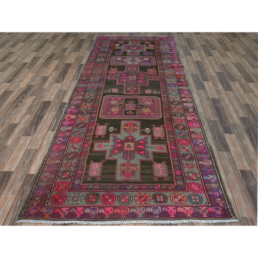 Overdyed & Vintage Wool Hand Knotted Rug Brown Pink 4.3X11.5 -O081862