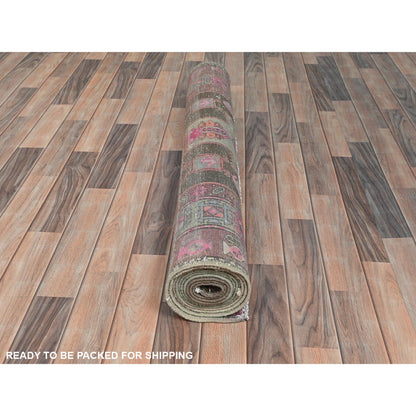 Overdyed & Vintage Wool Hand Knotted Rug Brown Pink 4.3X11.5 -O081862