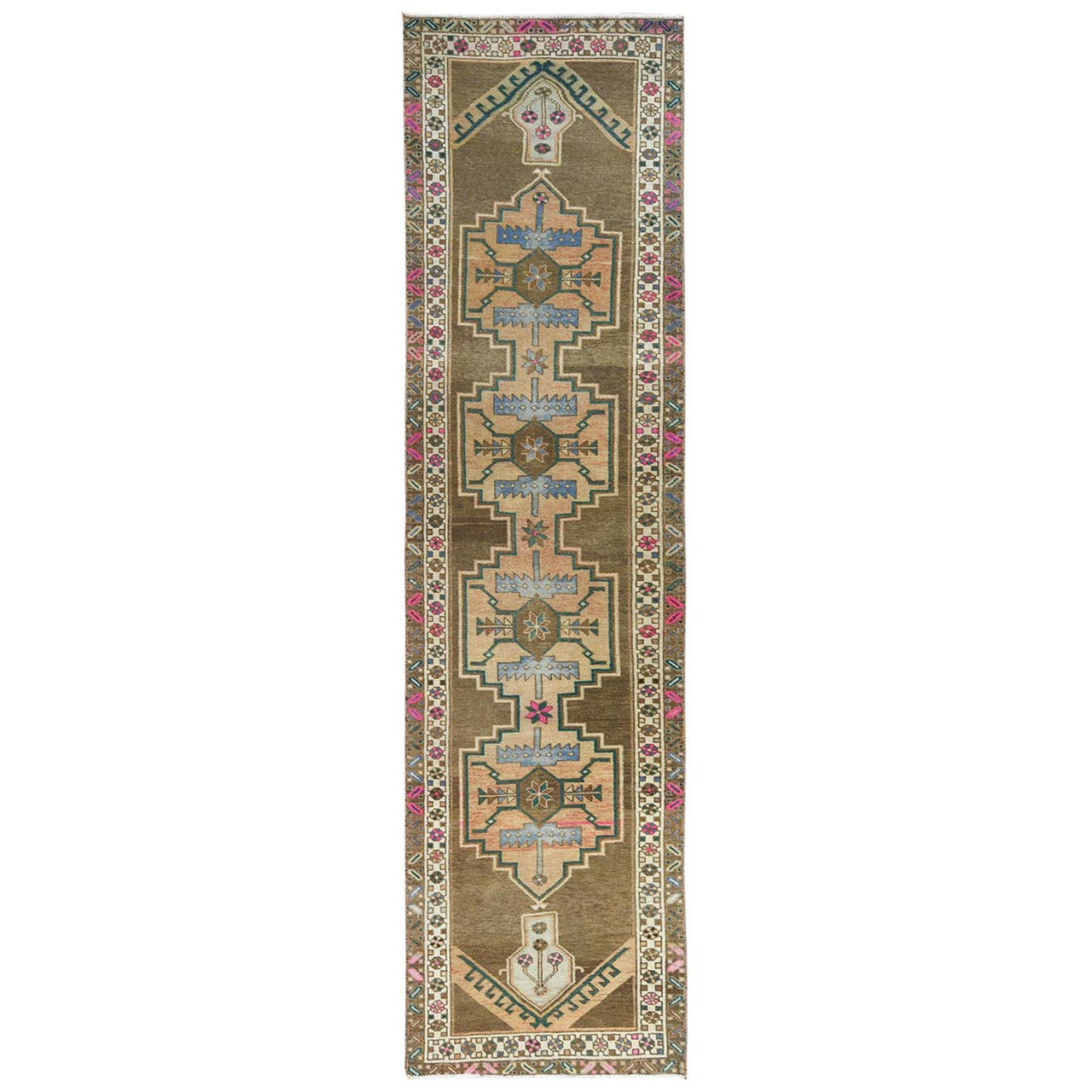 Brown 3'3" x 12'10" Overdyed & Vintage Hand knotted Wool Rug - Sku: O081868