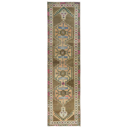 Overdyed & Vintage Wool Hand Knotted Rug Brown Ivory 3.3X12.10 -O081868