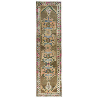 Overdyed & Vintage Wool Hand Knotted Rug Brown Ivory 3.3X12.10 -O081868