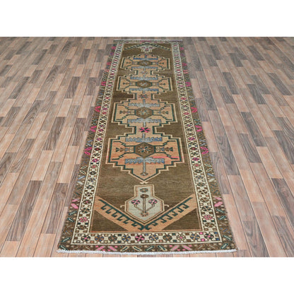 Overdyed & Vintage Wool Hand Knotted Rug Brown Ivory 3.3X12.10 -O081868