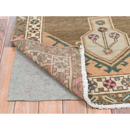 Overdyed & Vintage Wool Hand Knotted Rug Brown Ivory 3.3X12.10 -O081868