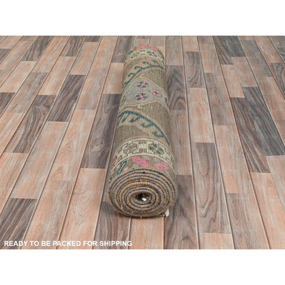 Overdyed & Vintage Wool Hand Knotted Rug Brown Ivory 3.3X12.10 -O081868