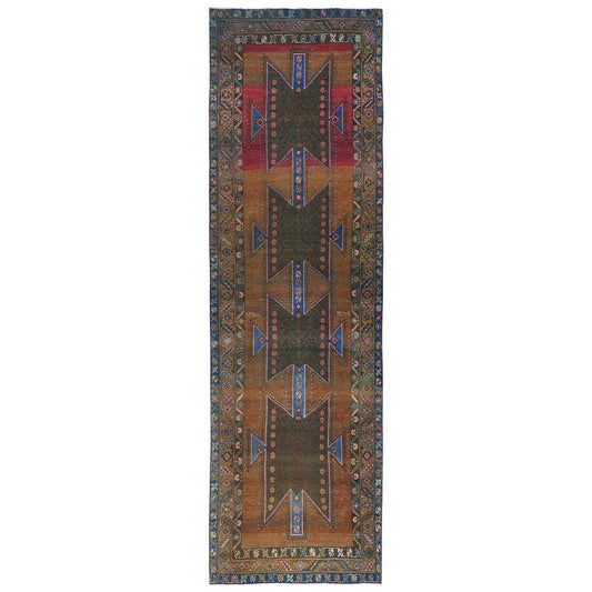 Overdyed & Vintage Wool Hand Knotted Rug Brown Brown 3.9X13.0 -O081870