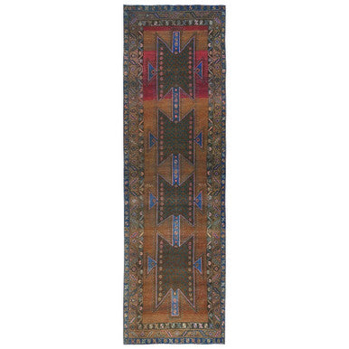 Overdyed & Vintage Wool Hand Knotted Rug Brown Brown 3.9X13.0 -O081870