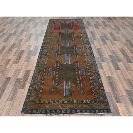 Overdyed & Vintage Wool Hand Knotted Rug Brown Brown 3.9X13.0 -O081870
