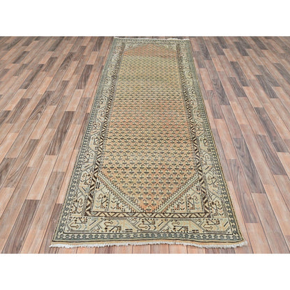 Overdyed & Vintage Wool Hand Knotted Rug Brown Ivory 3.5X10.0 -O081880