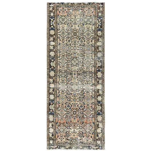 Overdyed & Vintage Wool Hand Knotted Rug Beige Chocolate Brown 3.5X9.2 -O081883