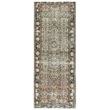 Overdyed & Vintage Wool Hand Knotted Rug Beige Chocolate Brown 3.5X9.2 -O081883