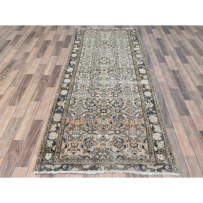 Overdyed & Vintage Wool Hand Knotted Rug Beige Chocolate Brown 3.5X9.2 -O081883
