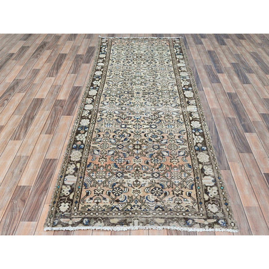 Overdyed & Vintage Wool Hand Knotted Rug Beige Chocolate Brown 3.5X9.2 -O081883
