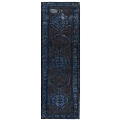 Overdyed & Vintage Wool Hand Knotted Rug Purple Light Blue 3.5X11.0 -O081888