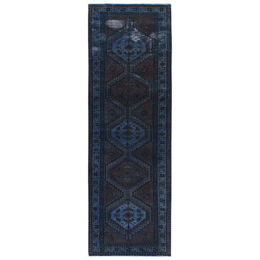 Overdyed & Vintage Wool Hand Knotted Rug Purple Light Blue 3.5X11.0 -O081888